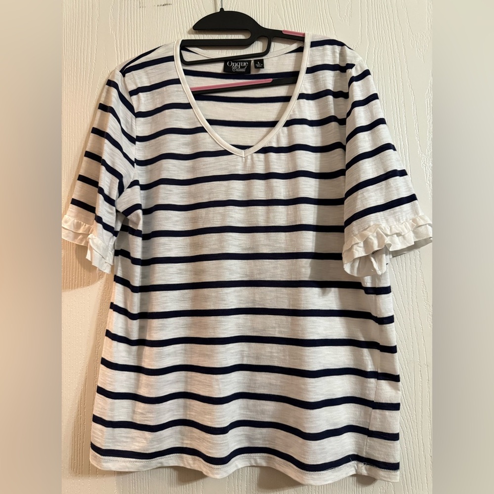 Onque Casuals Navy and White Striped Short Sleeve Top